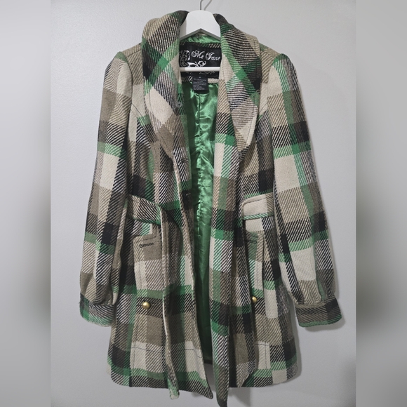 EUC Me Jane green plaid Jacket belted w/ pockets, gold buttons , coat - Picture 2 of 8